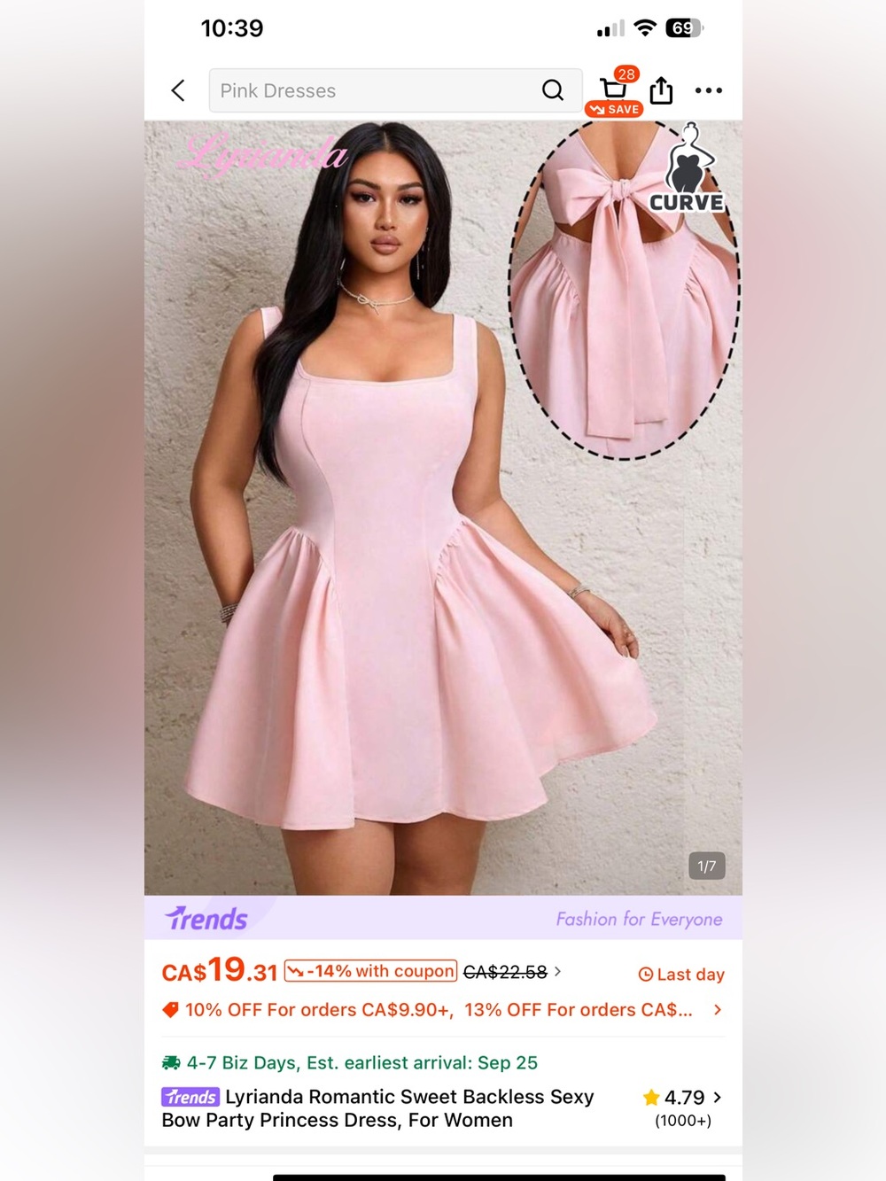 SHEIN Pink Square-Neck Back-Bow Mini Dress